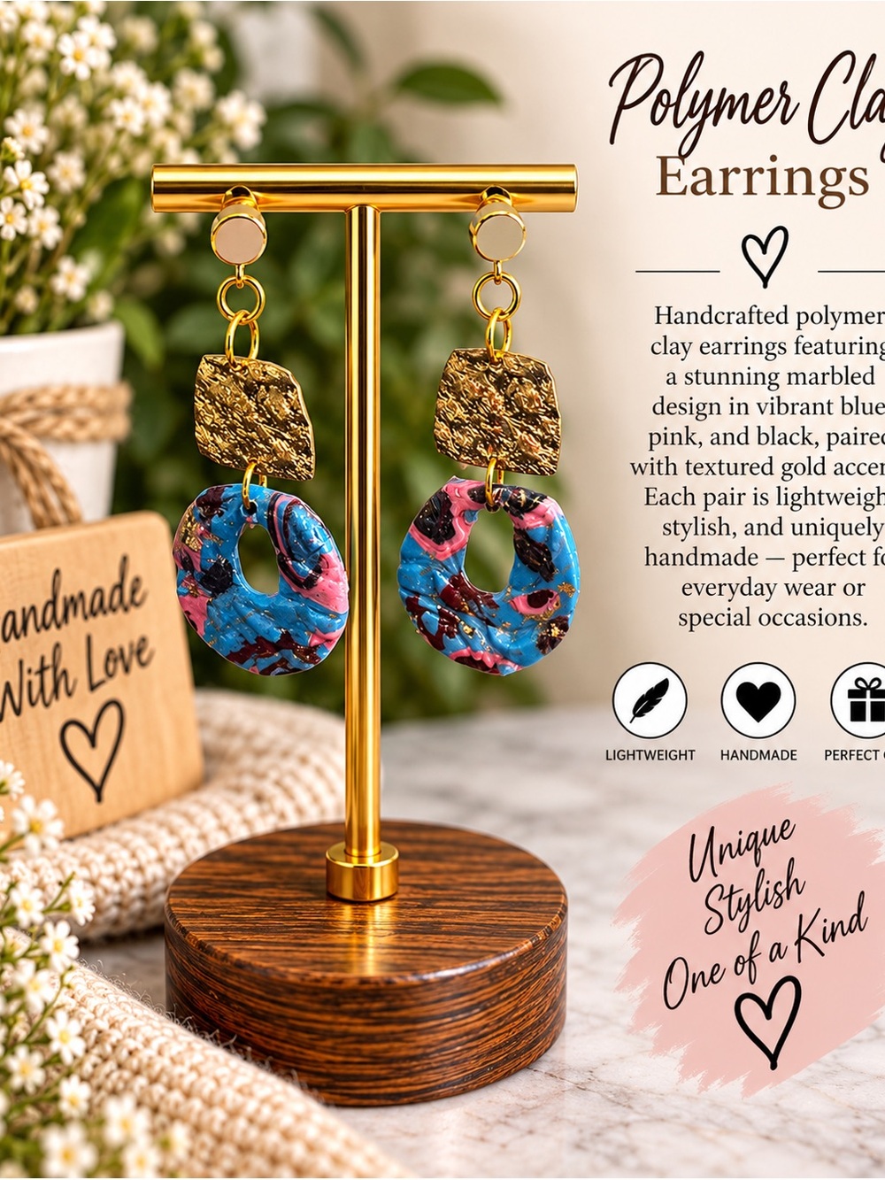 Marbled Blue & Pink Polymer Clay Drop Earrings with Gold Accents